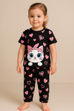 Black Kitty With Pink Hearts Print Kids Night Suit (RB-411)